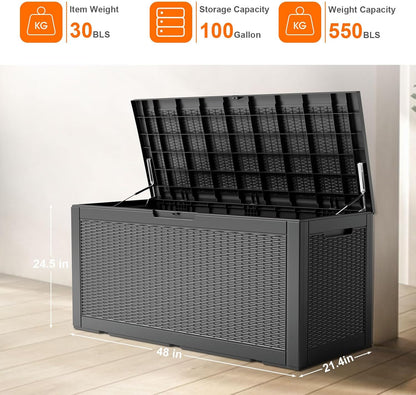 100 Gallon Resin Deck Box, Lockable Patio Outdoor Storage Box for Furniture, Garden Tools and Tools