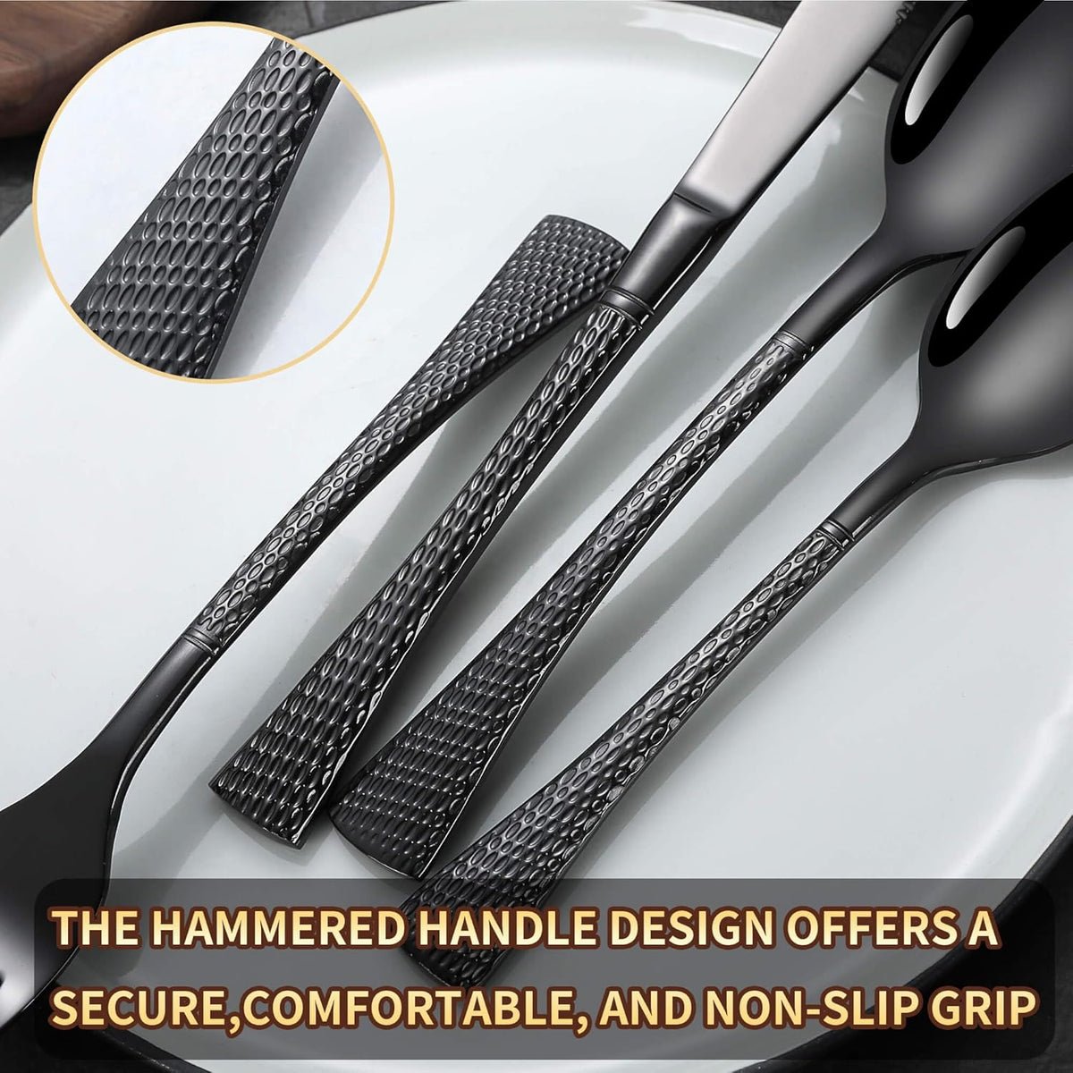 Hammered Black Silverware Set,20 Piece Modern Flatware Set Service for 4,Mirror Polished Stainless