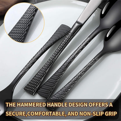 Hammered Black Silverware Set,20 Piece Modern Flatware Set Service for 4,Mirror Polished Stainless