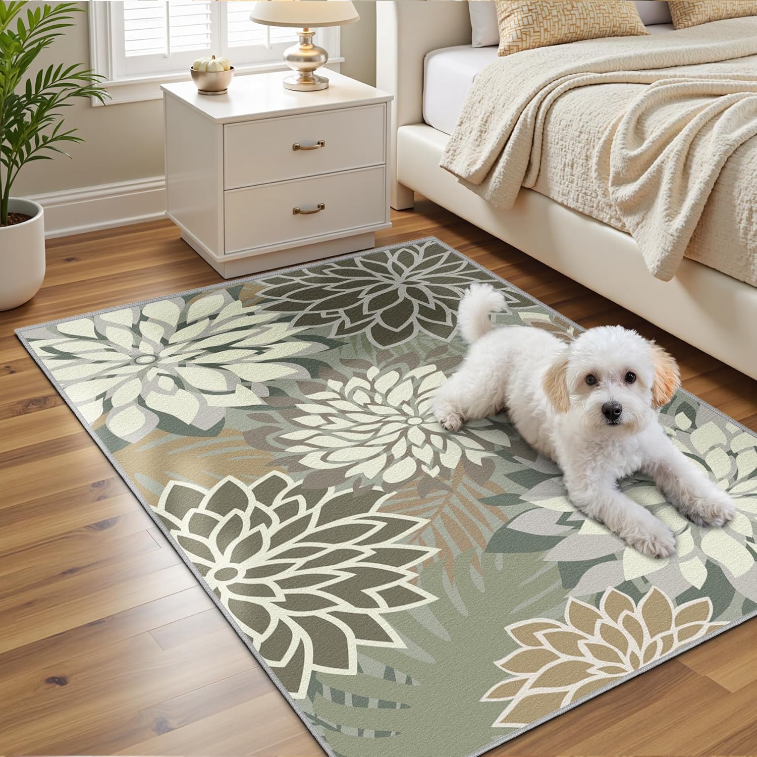 Area Rug 3x5 Brown White Washable Entry Rug Multicolored Tropical Botanical Modern Floral Indoor