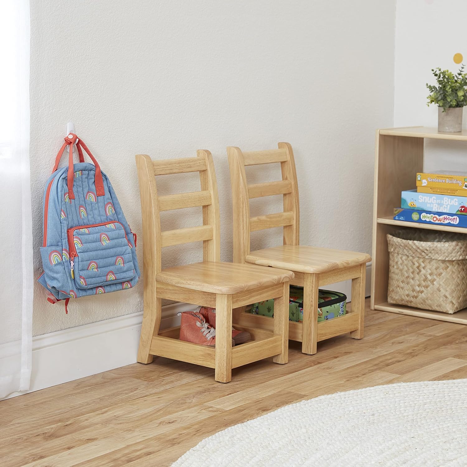 ECR4Kids Three Rung Ladderback Chair with Storage, 10in Seat Height , Classroom Seating, Honey
