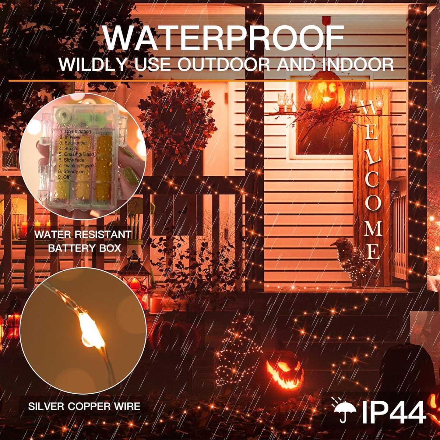 suddus Halloween Lights Battery Operated, 33ft 100 LED Orange String Lights for Outside Decorations