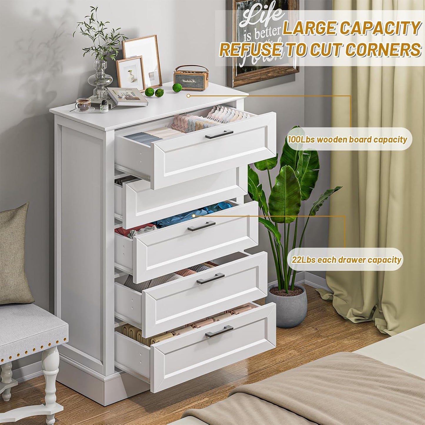 White Dresser for Bedroom, Wood Dresser with 5 Drawers, Chest of Drawer for Bedroom Living Room