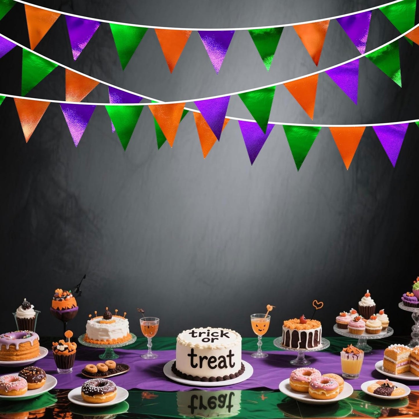 Halloween Party Decorations Metallic Fabric Green Orange Purple Triangle Pennant Banner Flag