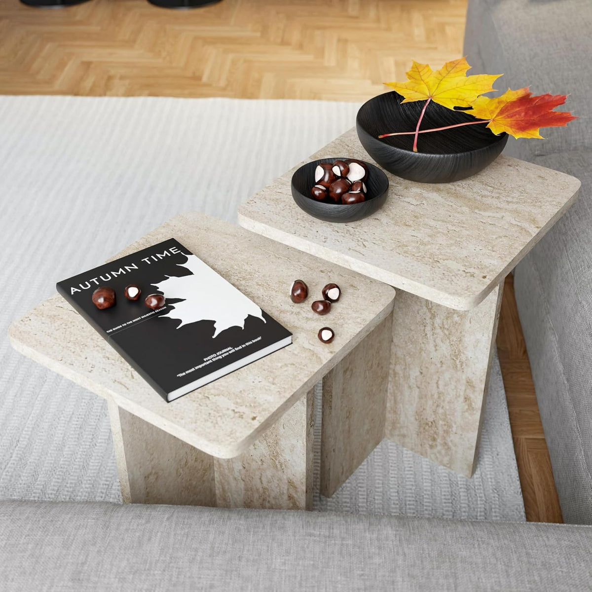 Travertine Efect Square Nesting Table Set of 2 Modern Coffee Table Small Side Table End Table for