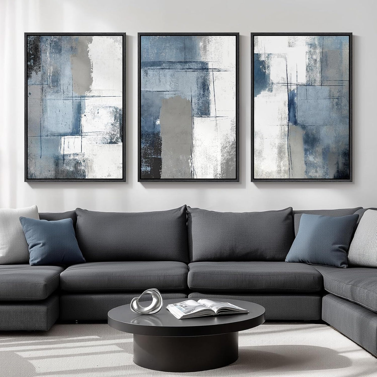 Large Framed Navy Blue and Grey Abstract Wall Art for Living Room, 3 Piece Modern Canvas Prints