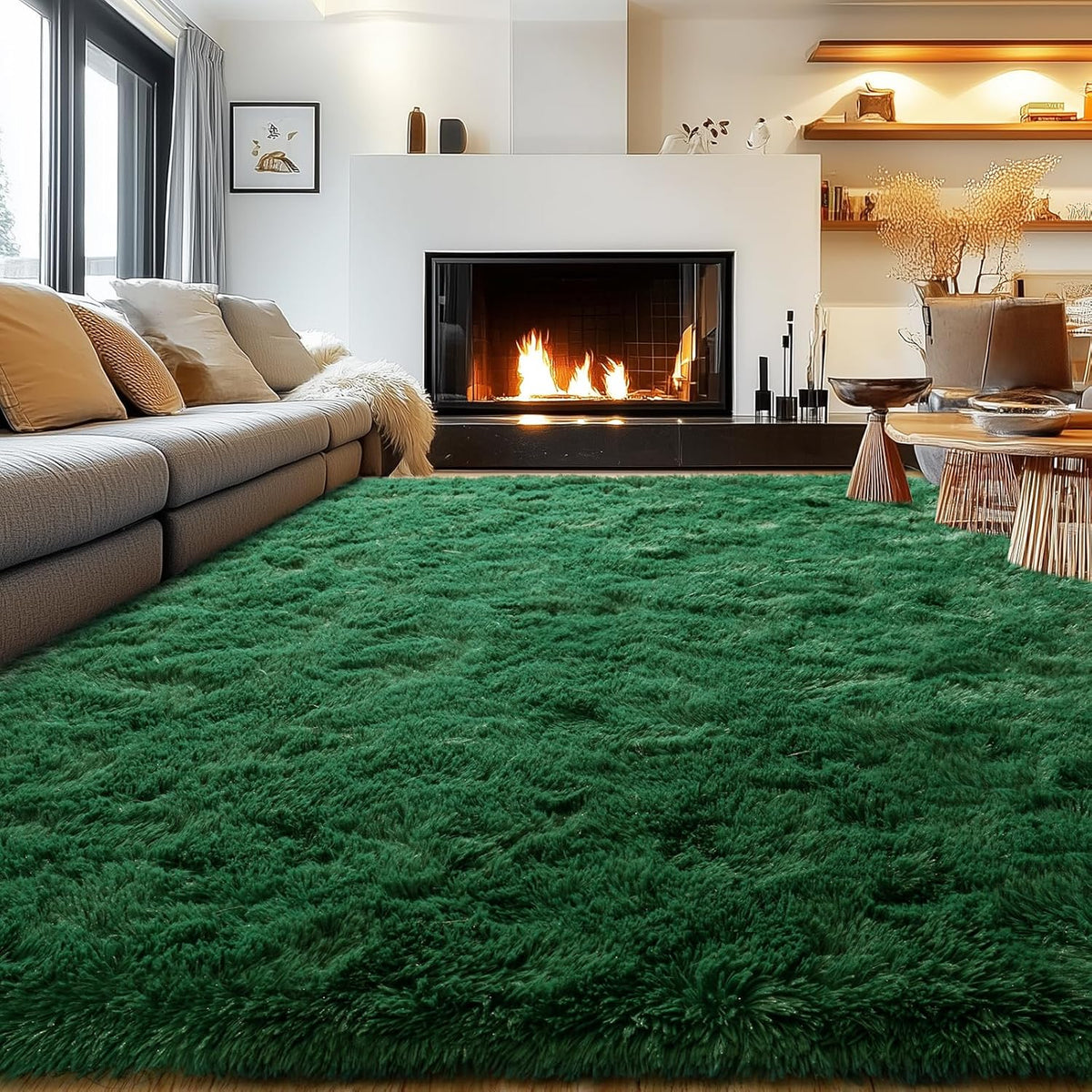 Rezutan 8x10 Rugs for Living Room, Large Comfy Modern Shaggy Fluffy Dark Green Area Rugs for