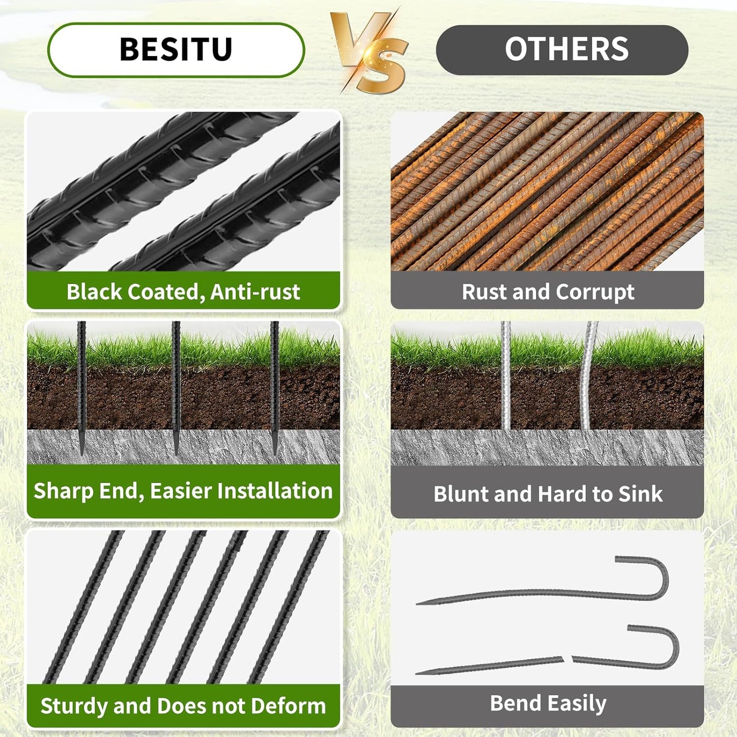 24 inches J Hook Rebar Stakes (16-Pack), Extra Long Garden Stakes with Chisel Point End Steel Rebar