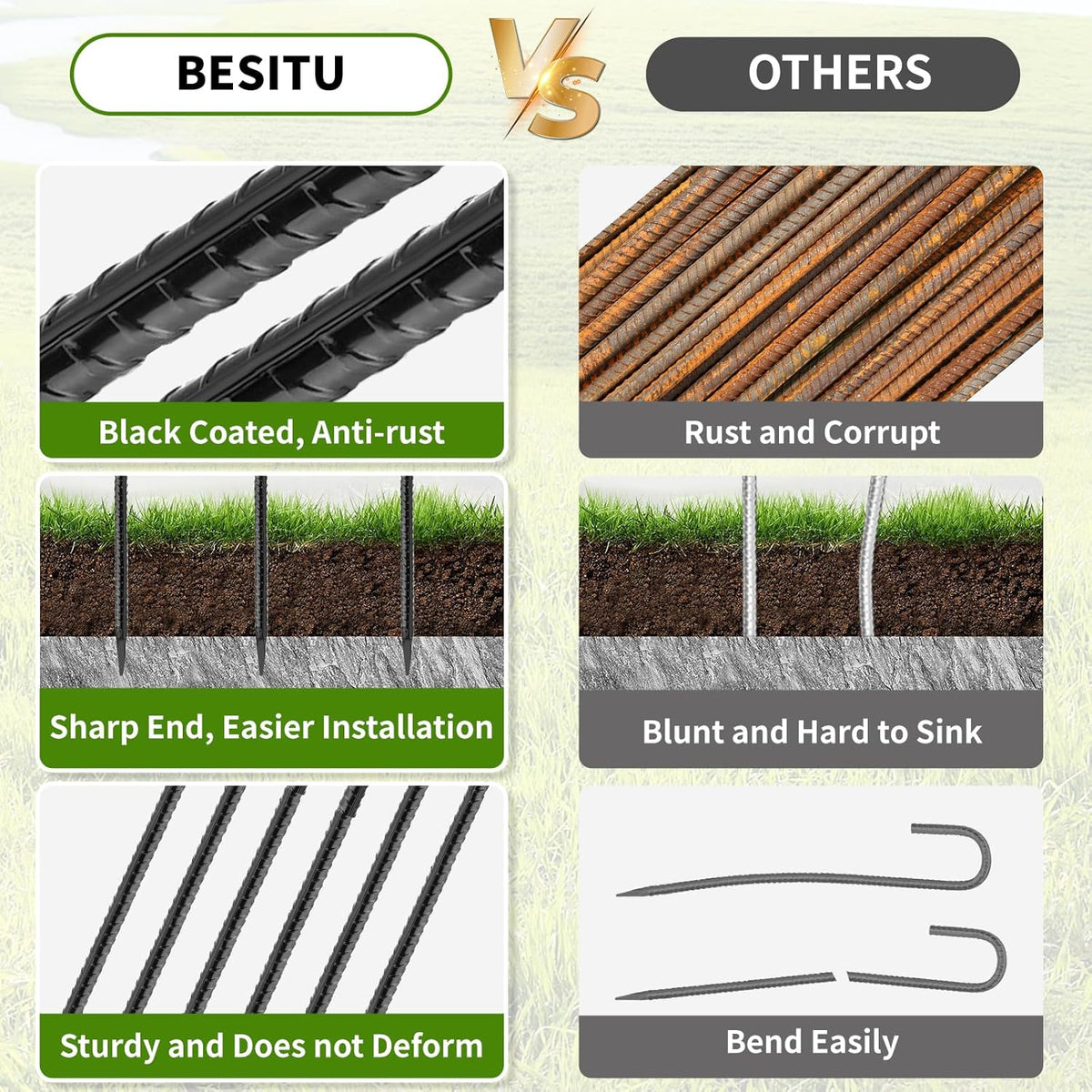 24 inches J Hook Rebar Stakes (16-Pack), Extra Long Garden Stakes with Chisel Point End Steel Rebar