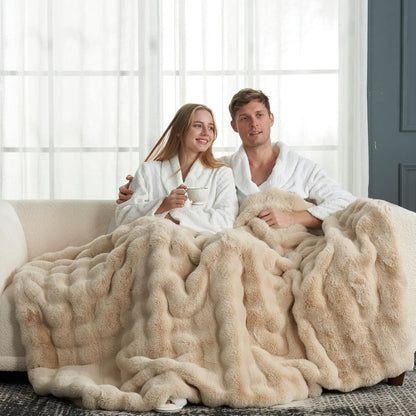 Cozy Bliss Faux Fur Throw Blanket for Couch, Fuzzy Soft Plush Thick Bubble Blanket for Sofa Bedroom