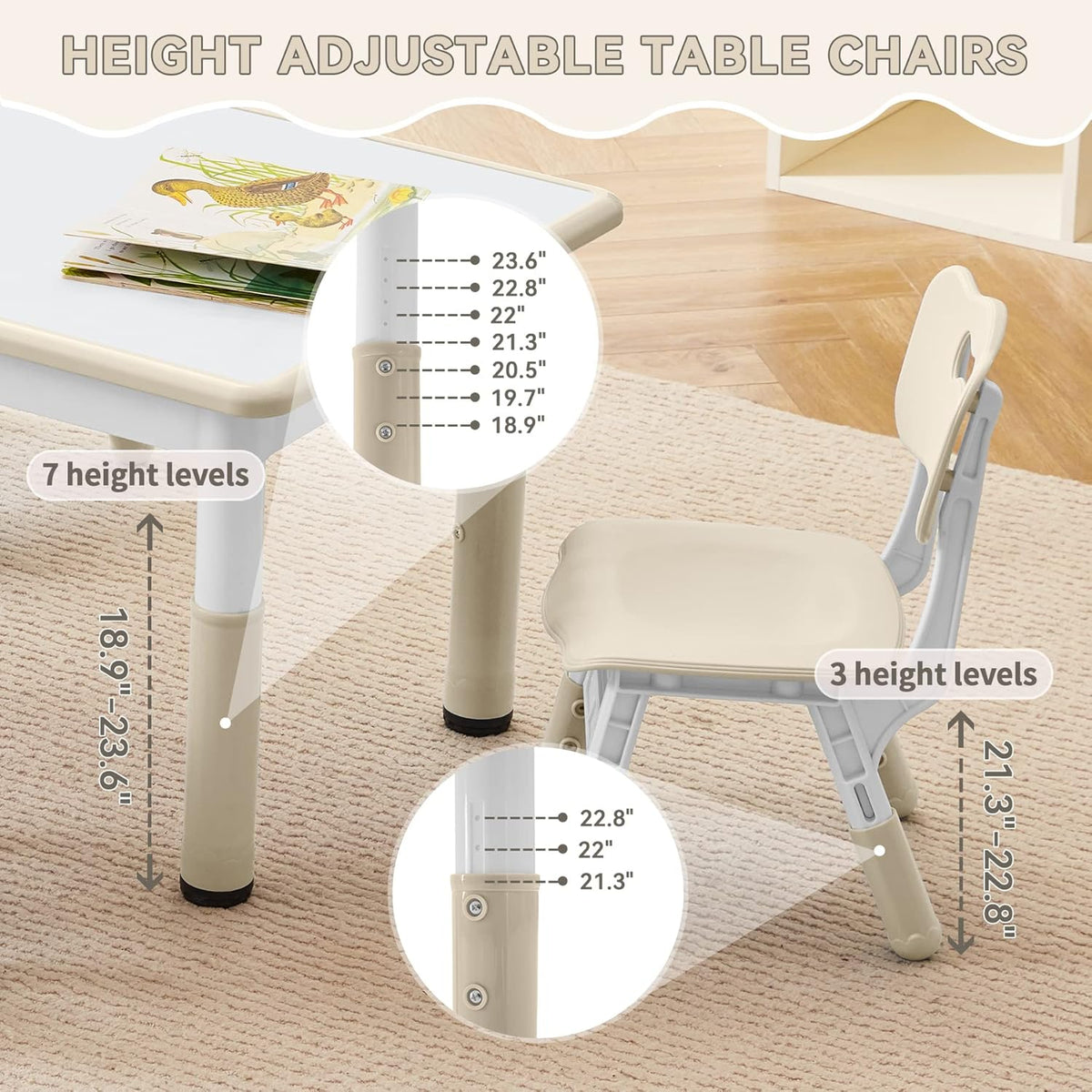 Kids Study Table and Chairs Set, Height Adjustable Toddler Table and Chair Set for Kids Ages 3-8