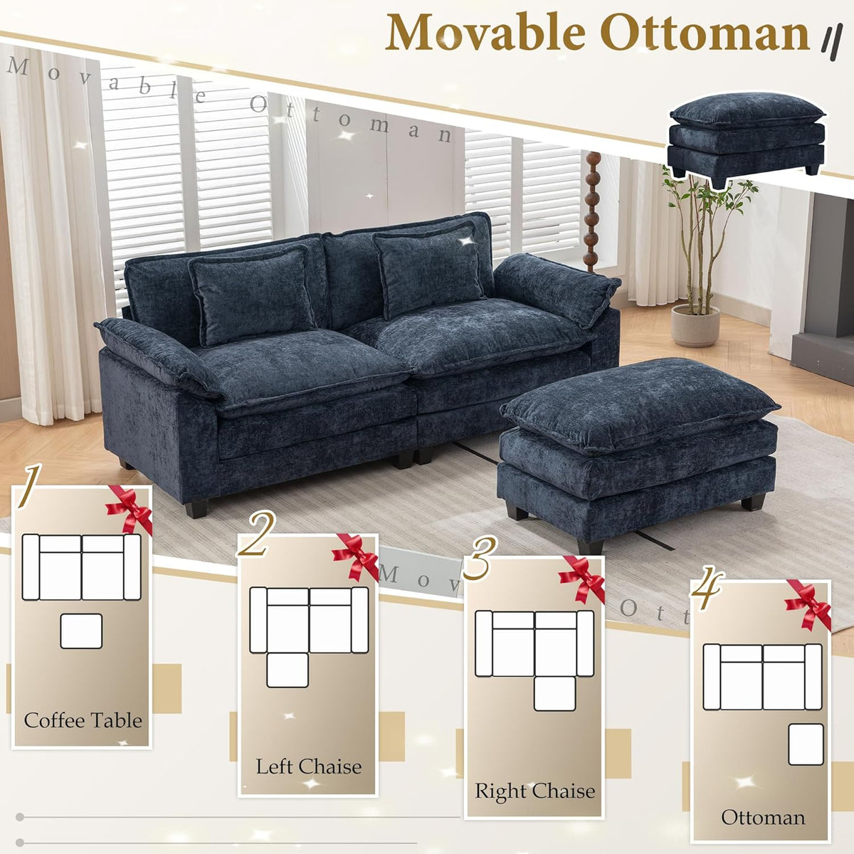 URRED Modular Sectional Sofa Comfy Cloud Couch, Modern Chenille Sofa Sleeper Deep Seat Couches with
