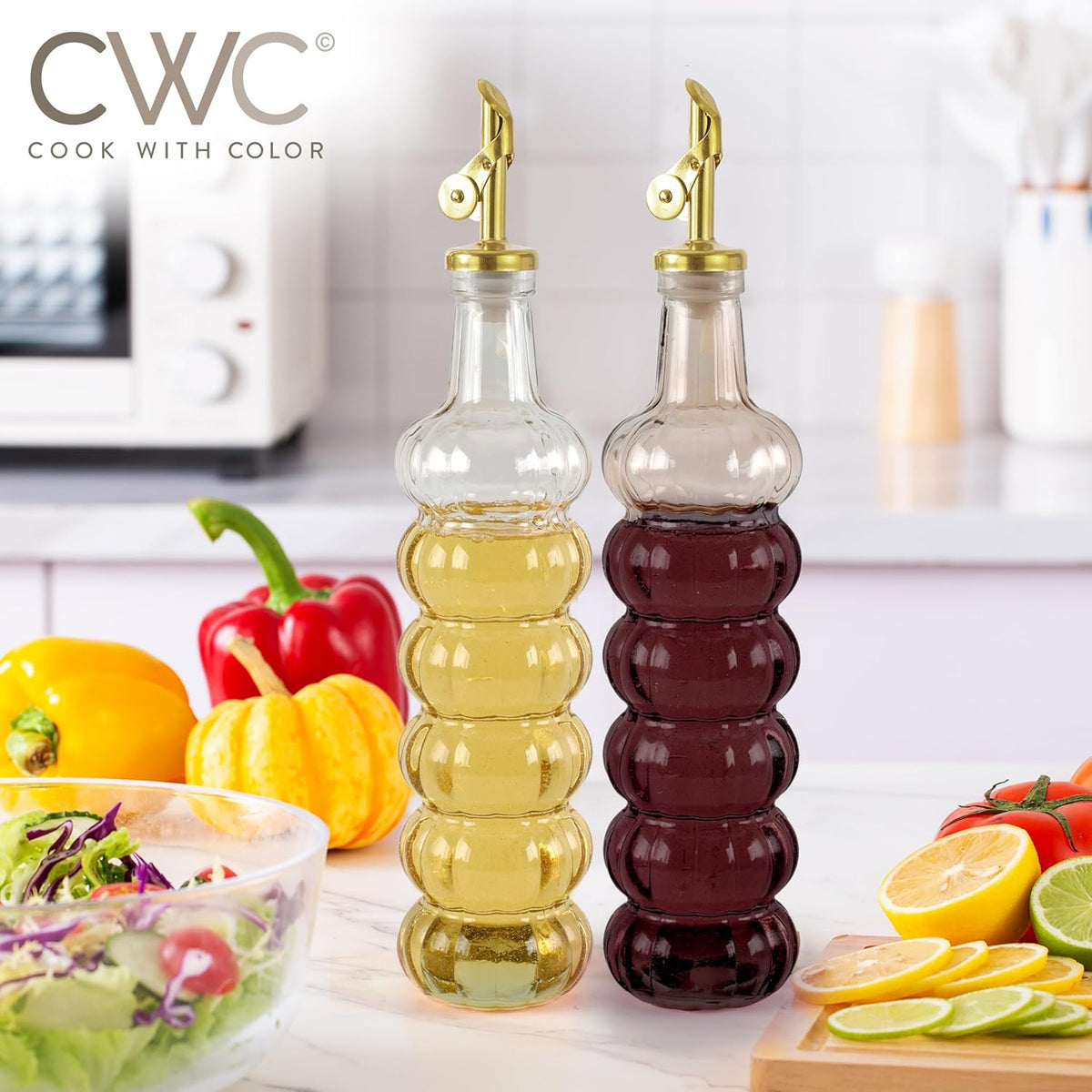 COOK WITH COLOR Glass Olive Oil Bottle Dispenser - 2 Pack- 17oz Oil and Vinegar Cruet - Olive Oil