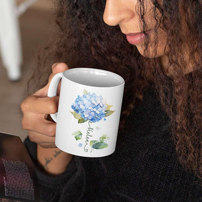 Custom Hydrangea Blossom Design Mug, Personalized Name Blue Flower Coffee Cup, Customized Flower
