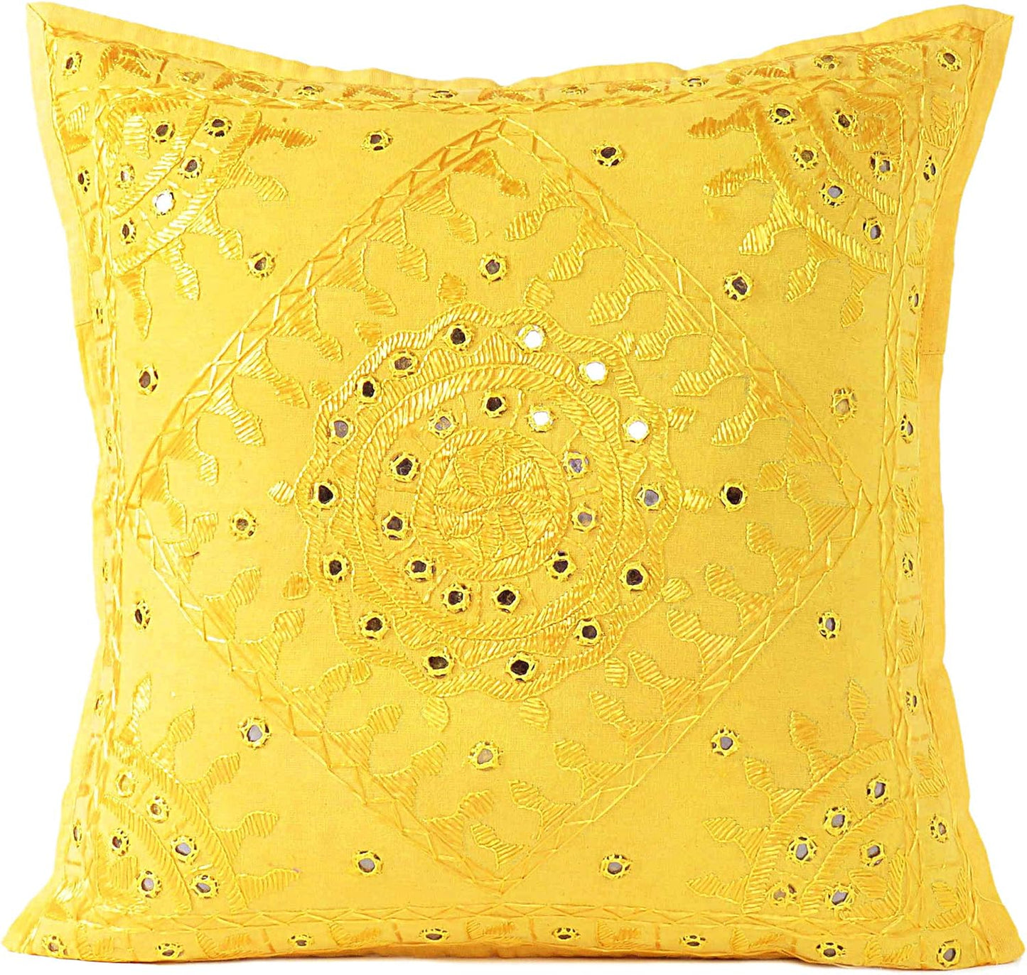 Eyes of India Embroidered Decorative Boho Throw Pillow Cover with Mirrors, Handmade Bohemian Accent
