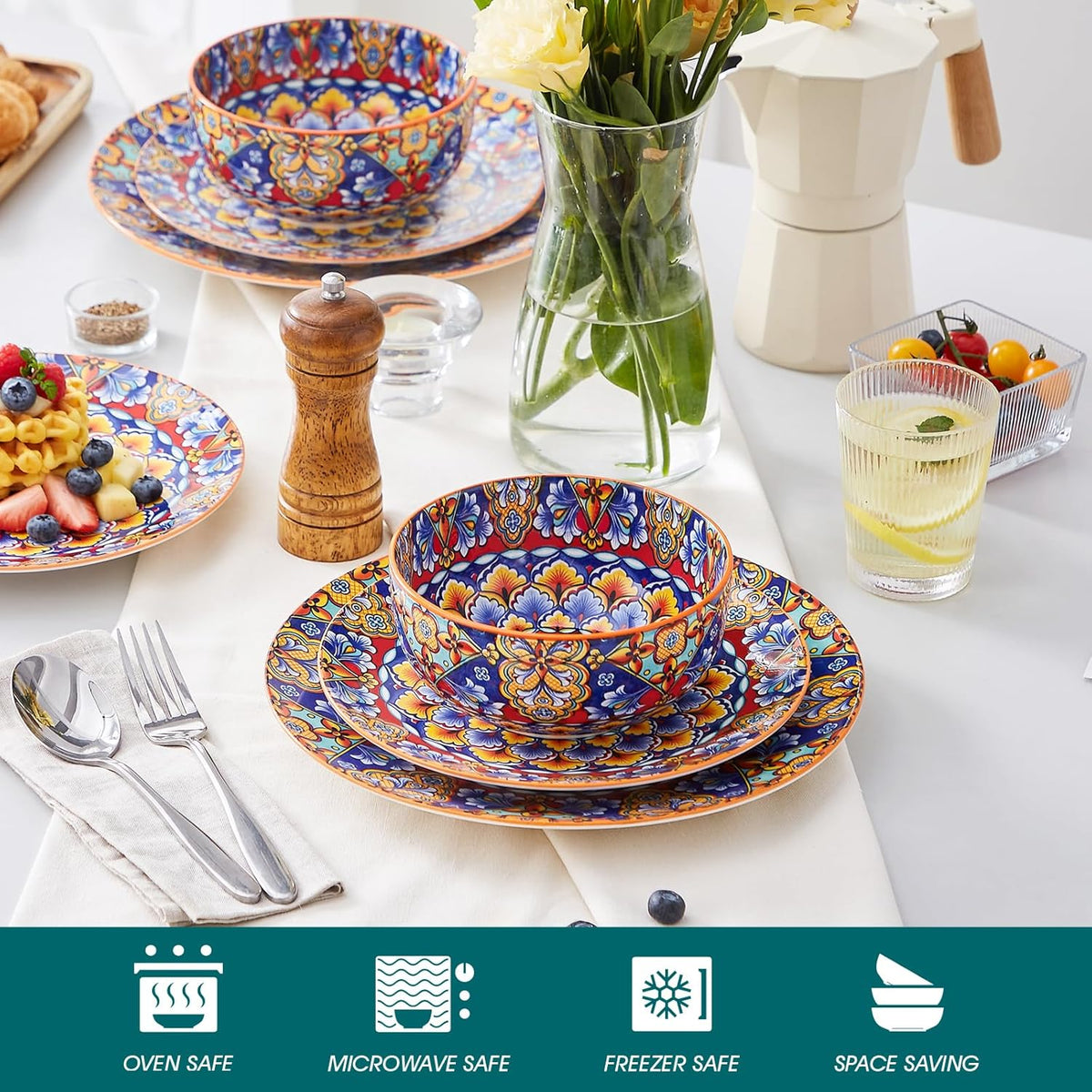 vancasso 12 Pieces Dinnerware Sets, Orange Plates and Bowls Set, Porcelain Dishes Set for 4