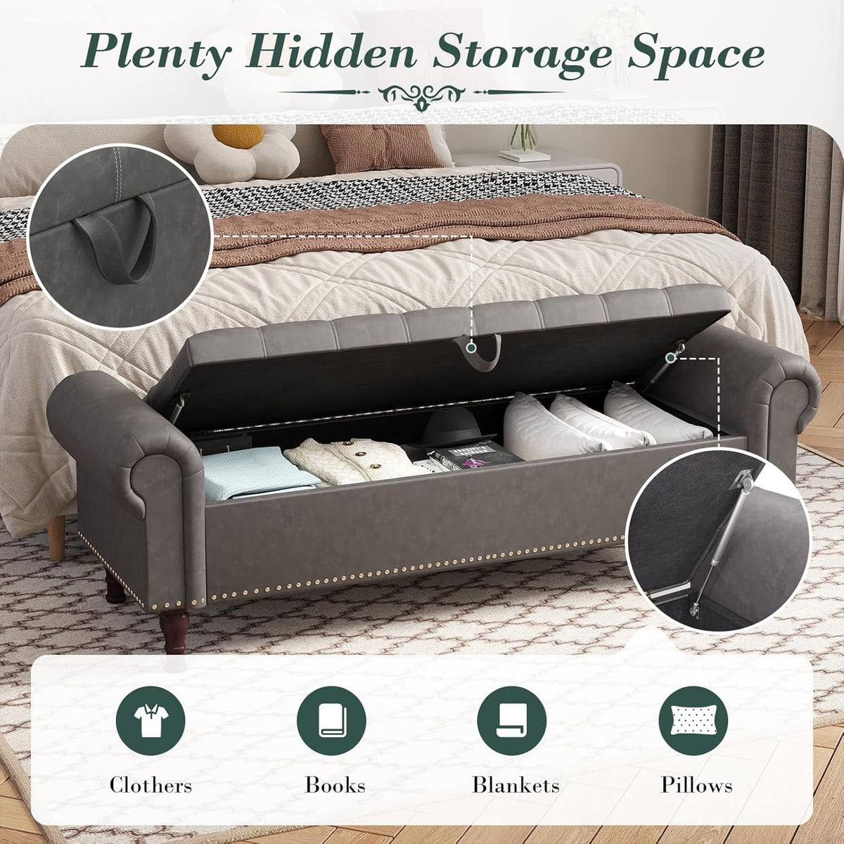 Apicizon 60”Bench with Storage, Upholstered Tufted Button Window Bench with Plenty Hidden Storage