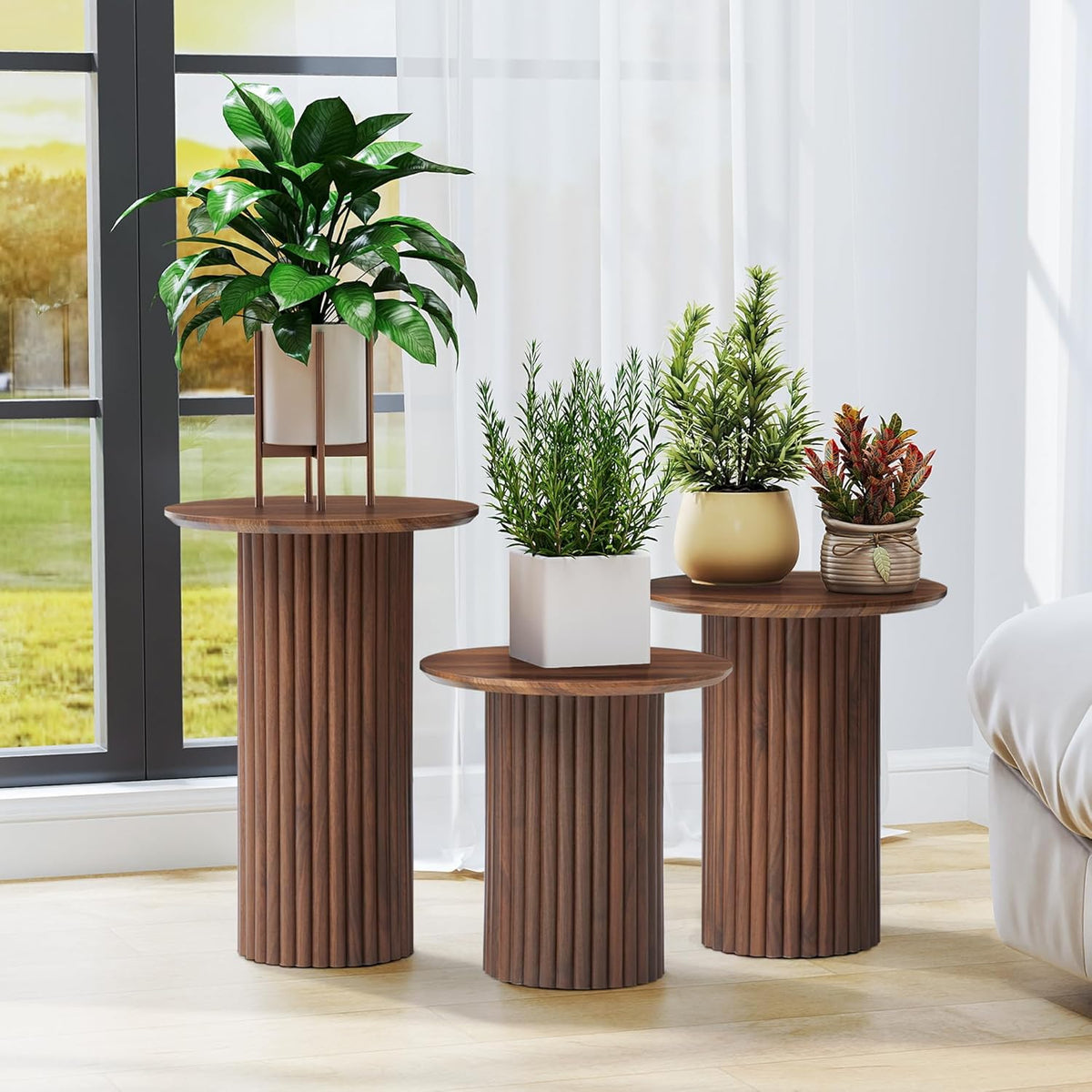 Round Nesting Coffee Table Set of 3,Mid Century Modern Fluted Coffee and End Table Set,Small Circle