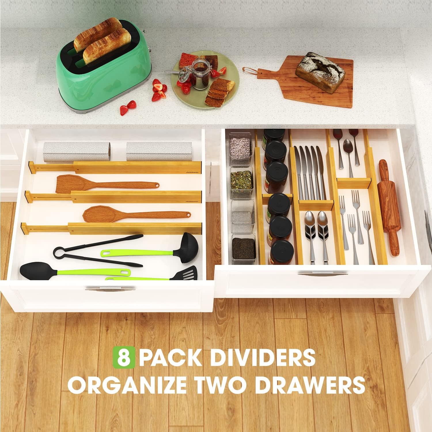 ANTOWIN Bamboo Drawer Dividers Organizers 16pcs, Expandable Drawer Separators Splitter, 17-22