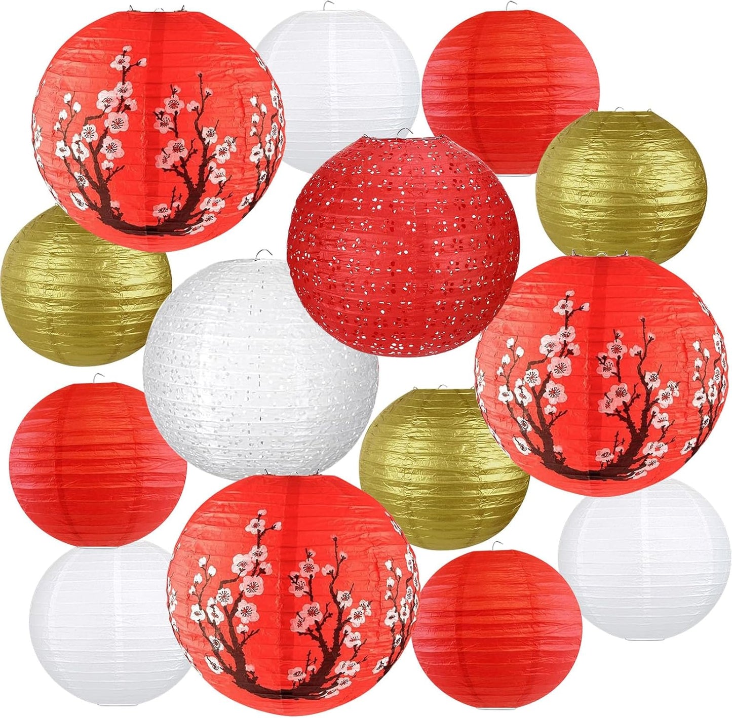 14Pcs Chinese Japanese Paper Lantern Assorted Sizes (8" 10" 12") Hanging Plum Blossom Red White