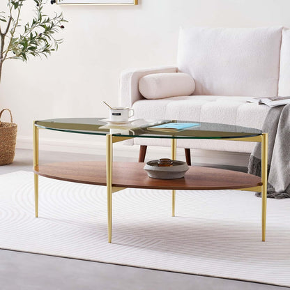 Oval Glass Coffee Table, Mid-Century Modern Design, L43 x W22 x H17 inch, 2-Tier Structure, Olive