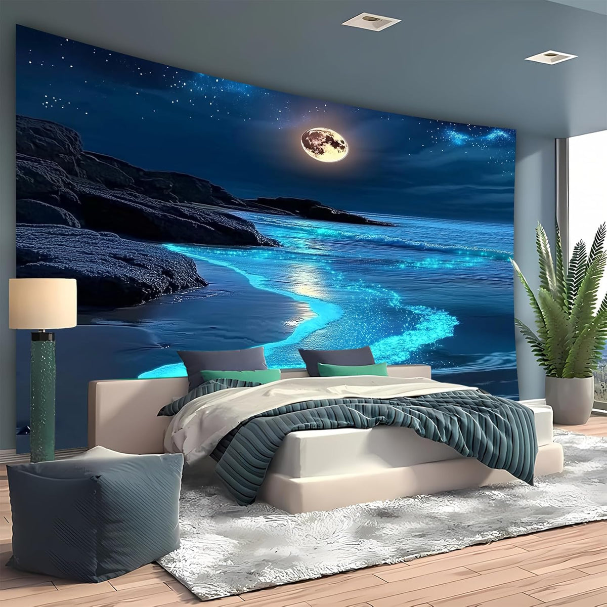 Nature Tapestry Forest Tree Sea Cave Wall Hanging, Stream Through Rainforest Landscape Wall Art