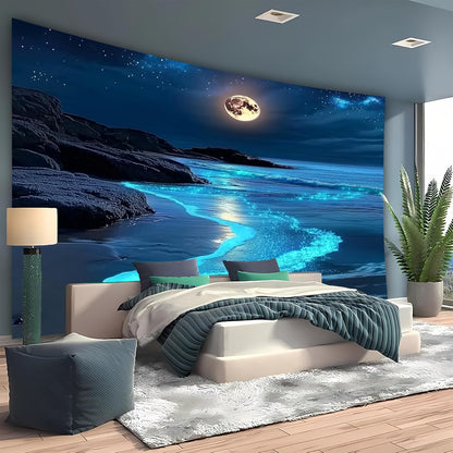 Nature Tapestry Forest Tree Sea Cave Wall Hanging, Stream Through Rainforest Landscape Wall Art