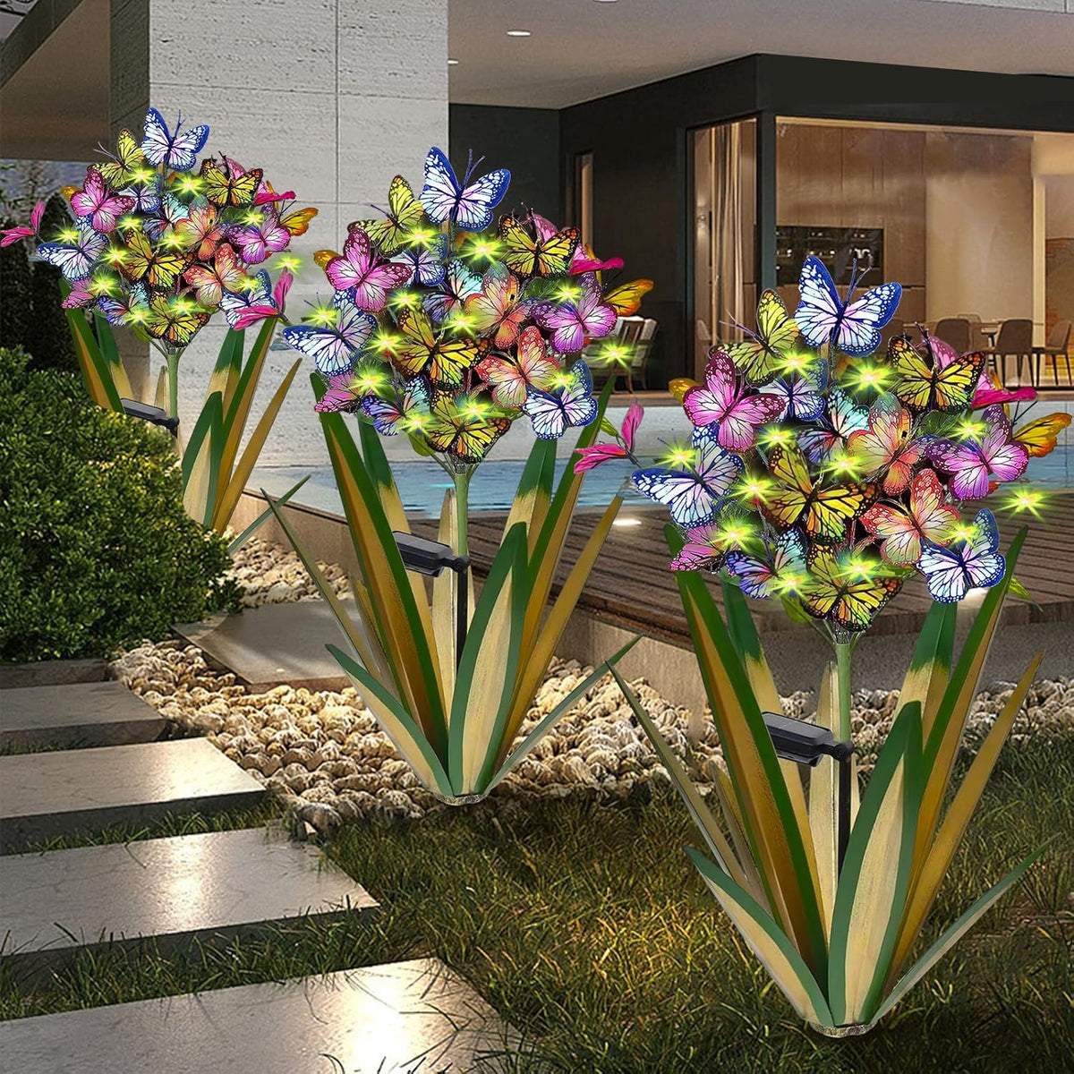 Solar Metal Agave Butterfly Flower Stick Garden Sculpture - Outdoor Gift, Christmas Lights, Swaying
