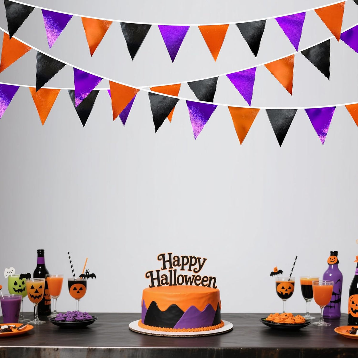 Black Orange Purple Halloween Party Decorations Metallic Fabric Triangle Pennant Banner Flag