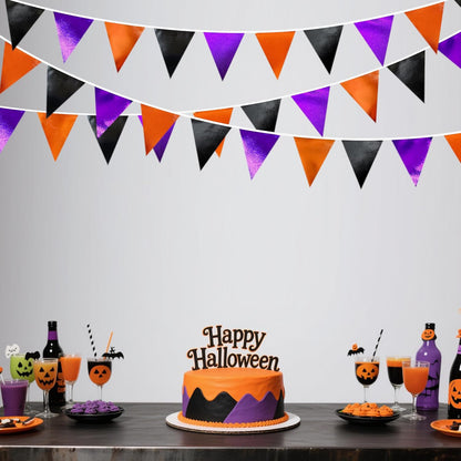 Black Orange Purple Halloween Party Decorations Metallic Fabric Triangle Pennant Banner Flag