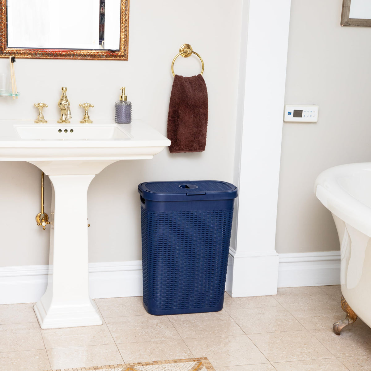Mind Reader Slim Laundry Hamper with Lid, 40L Clothes Basket, Narrow Tapered Design with Ventilated