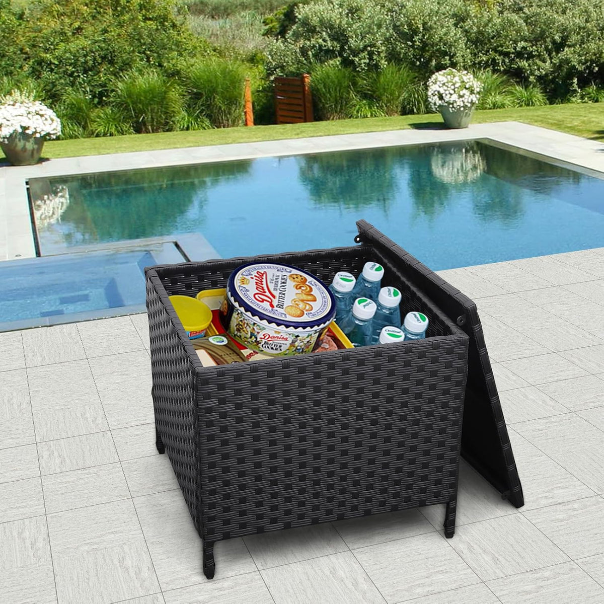 Outdoor Wicker Storage Side Table, Patio Black PE Rattan End Table with Storage, Square Container