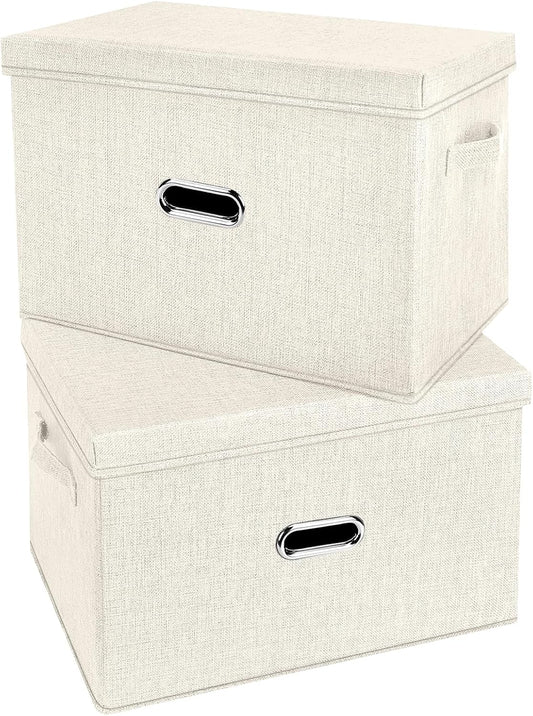 Large Linen Fabric Foldable Storage Bins with Removable Lid and Handles, Washable Storage Box