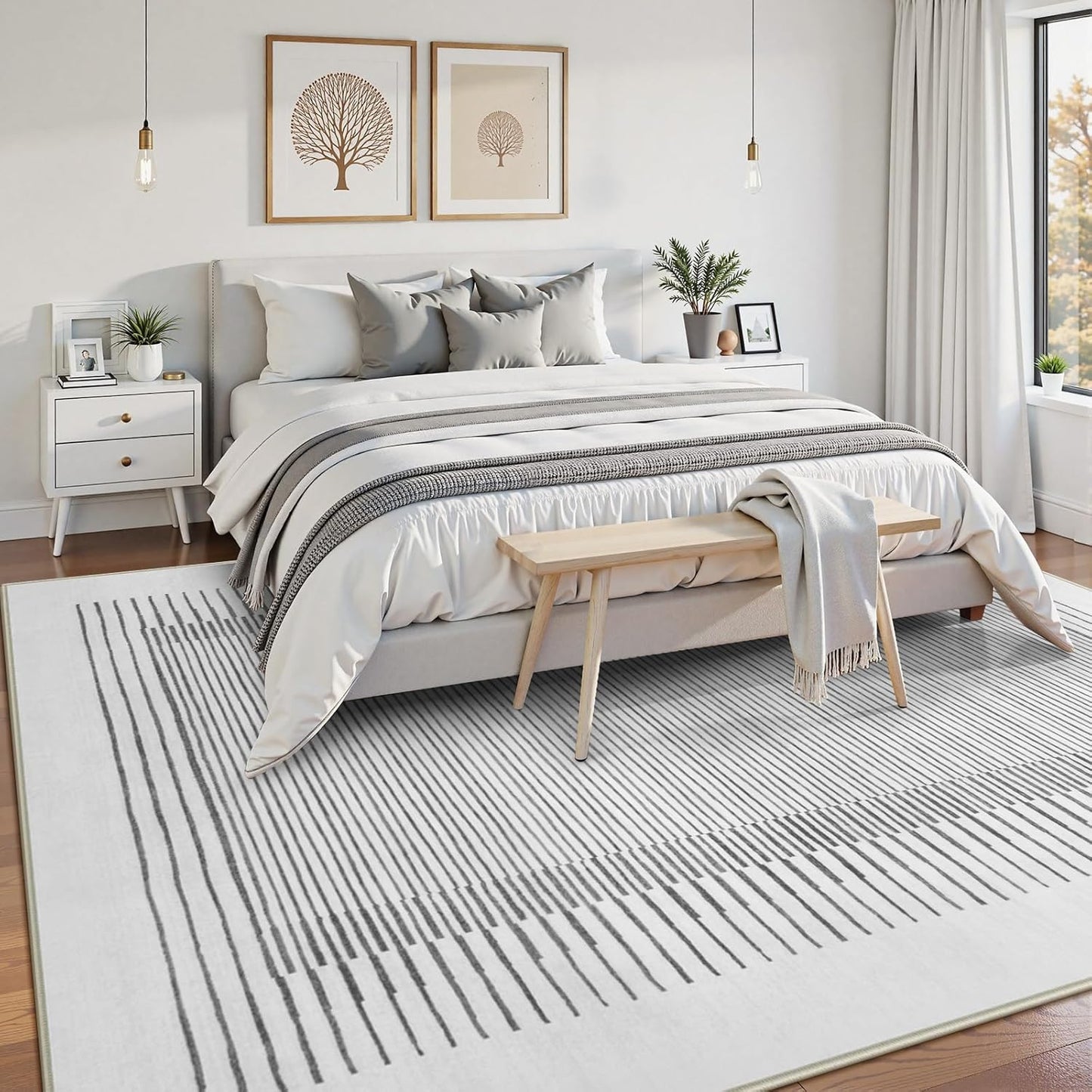 Wonnitar Washable Striped 8x10 Rugs for Living Room, Non-Slip Soft Grey Berber Stripe Bedroom Rug