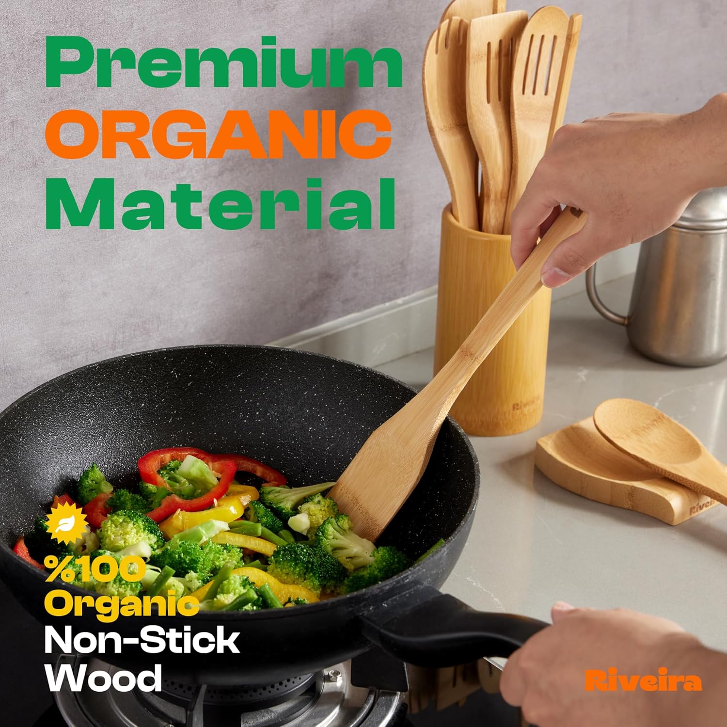 Riveira Bamboo Cooking Spoons 6-Piece – Wooden Cooking Utensils Set with Wooden Spoons for Cooking