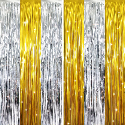 GOER 6.4 ft x 8.2 ft Metallic Tinsel Foil Fringe Curtains Party Backdrop Party Streamers for