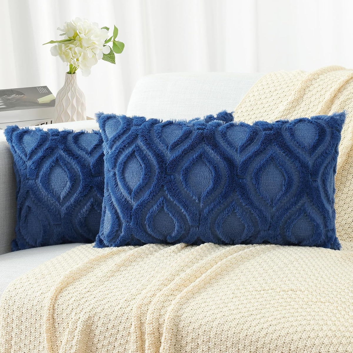 decorUhome Fall Throw Pillow Covers 12x20 Inch Set of 2, Soft Plush Decorative Faux Fur Dark Blue