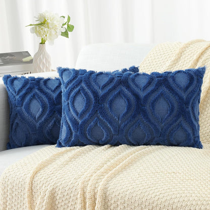 decorUhome Fall Throw Pillow Covers 12x20 Inch Set of 2, Soft Plush Decorative Faux Fur Dark Blue