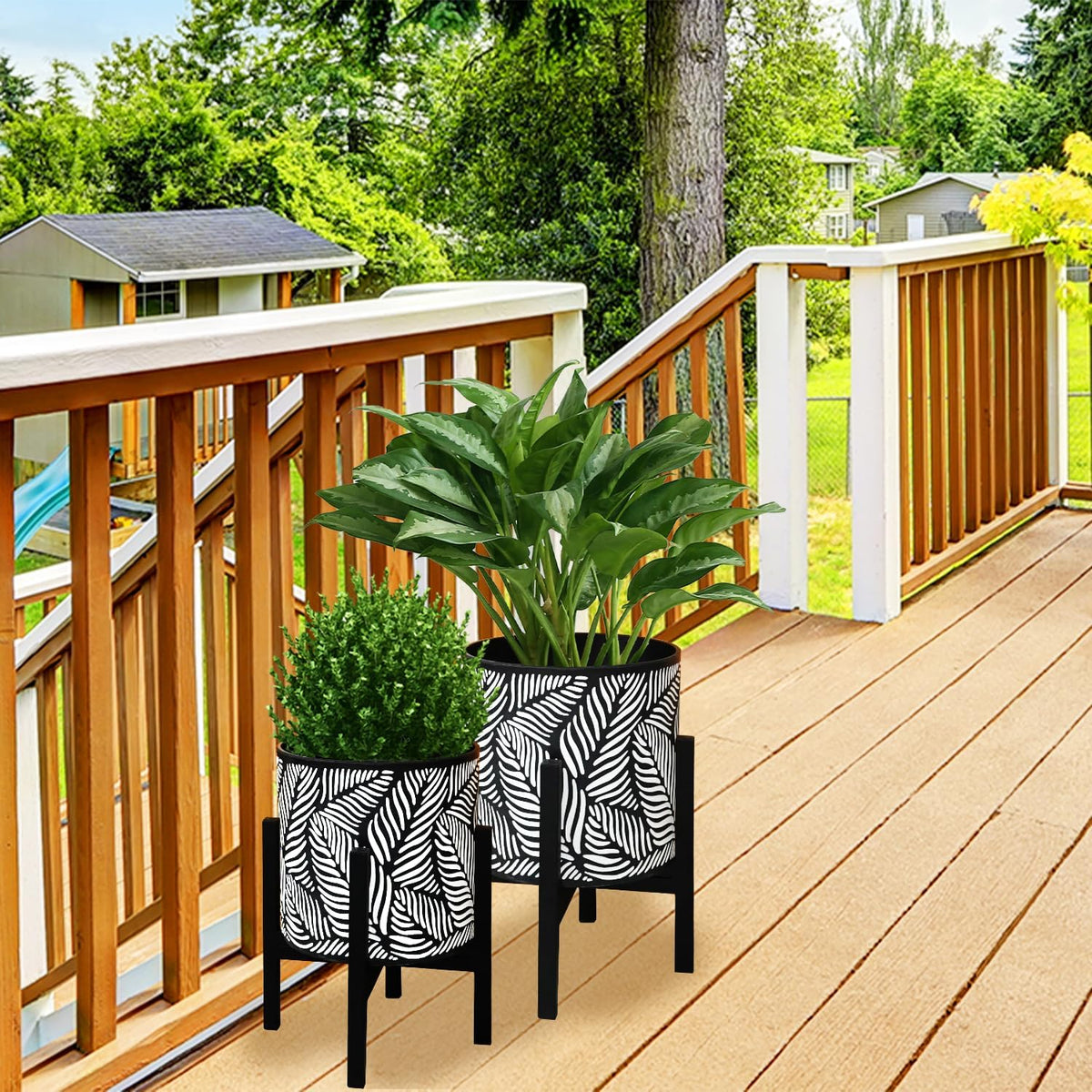 10 & 12 Inches Plant Pot with Stand Set of 2, Decorative Palm Leaves Printing Planter with Holder