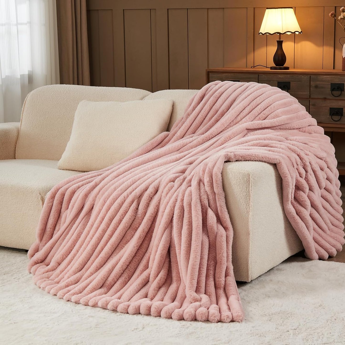 NEWCOSPLAY Faux Fur Twin Blanket Pink 3D Ribbed Plush Thick Warm Blanket for Couch Sofa Bed 850GSM