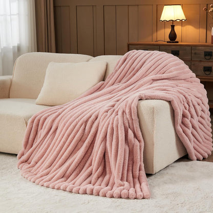 NEWCOSPLAY Faux Fur Throw Blanket Pink 3D Ribbed Plush Thick Warm Blanket for Couch Sofa Bed 850GSM