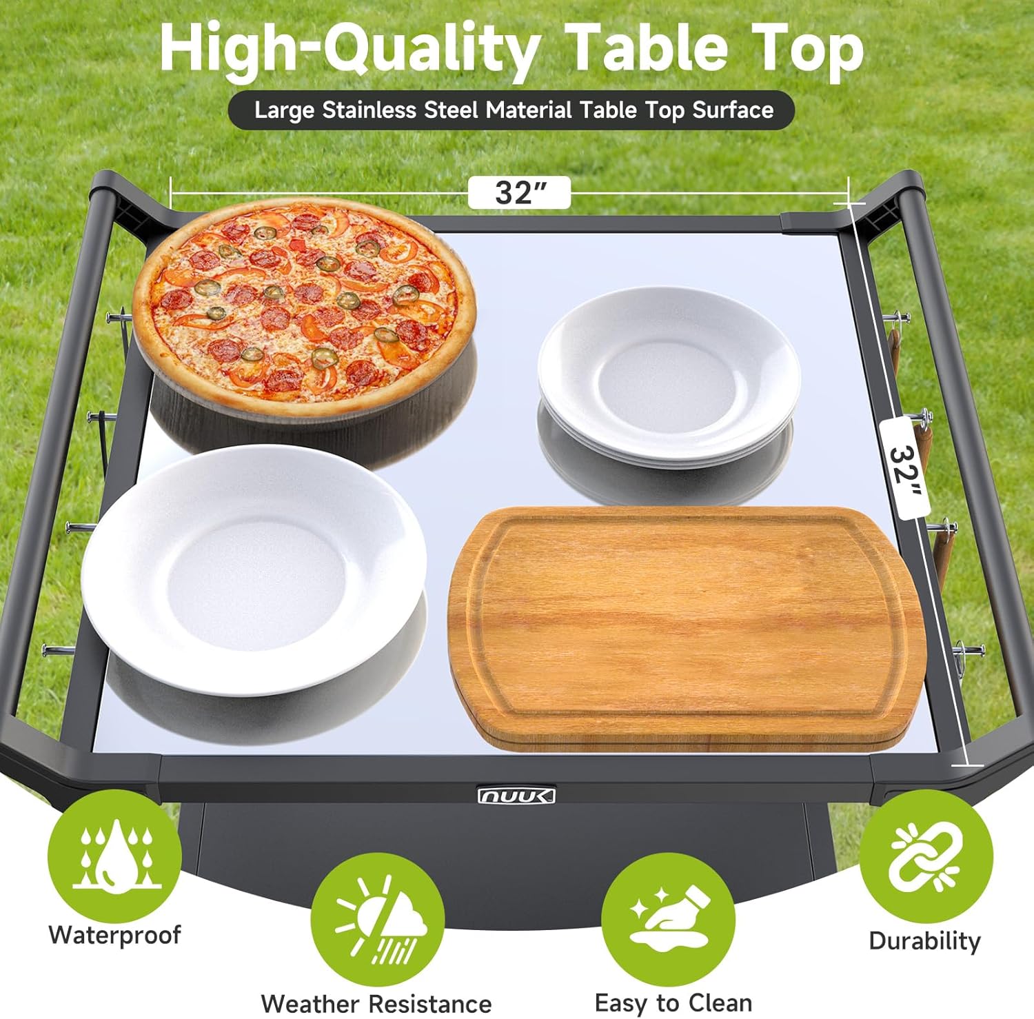 NUUK Grill Cart for Outdoor 32" x 32" Stainless Steel Pizza Oven Table with Double-Shelf Rolling