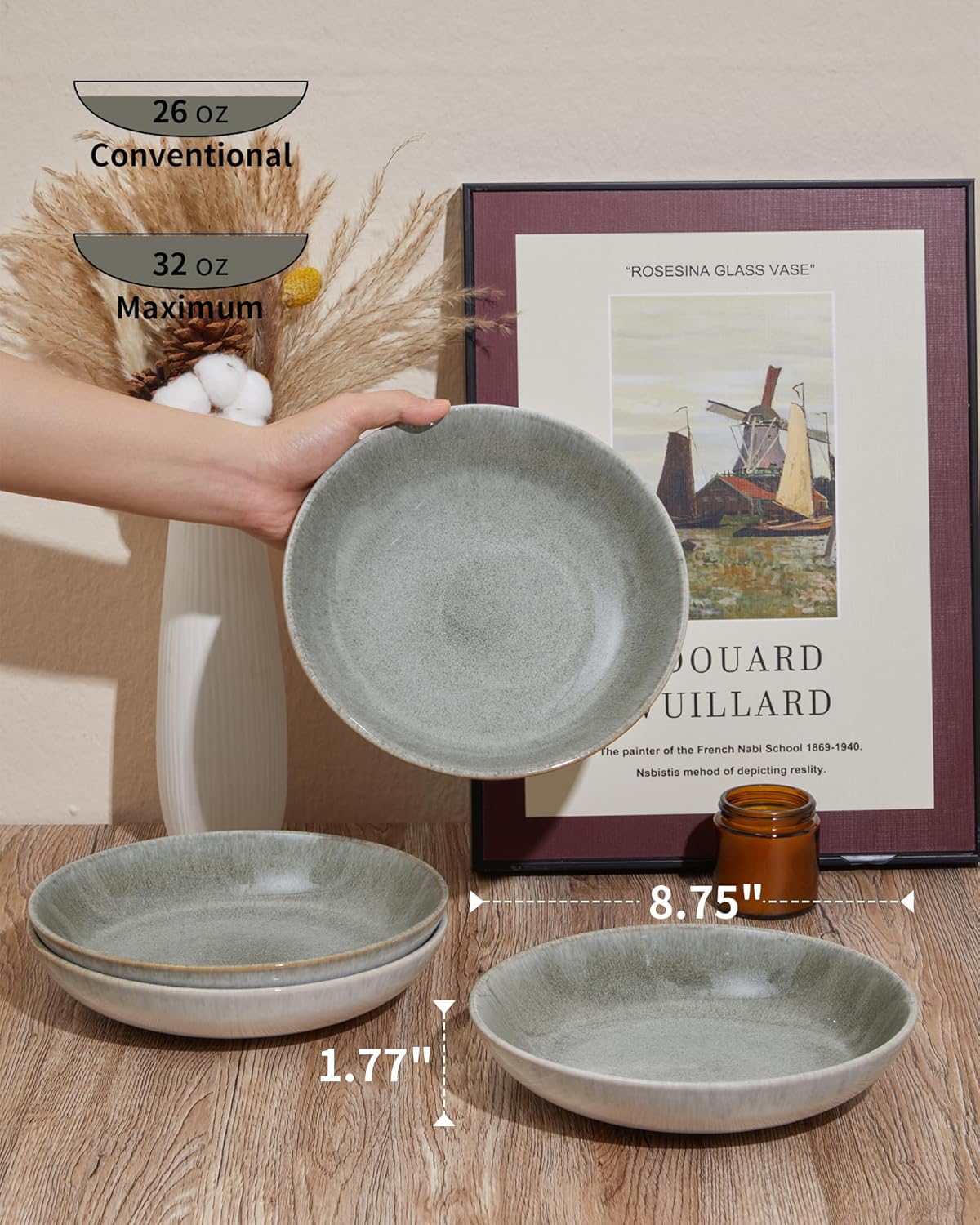 16 Piece Double Bowl Dinnerware Sets, Stain Resistant Dish Set with Pasta Bowls, Easy Cleaning