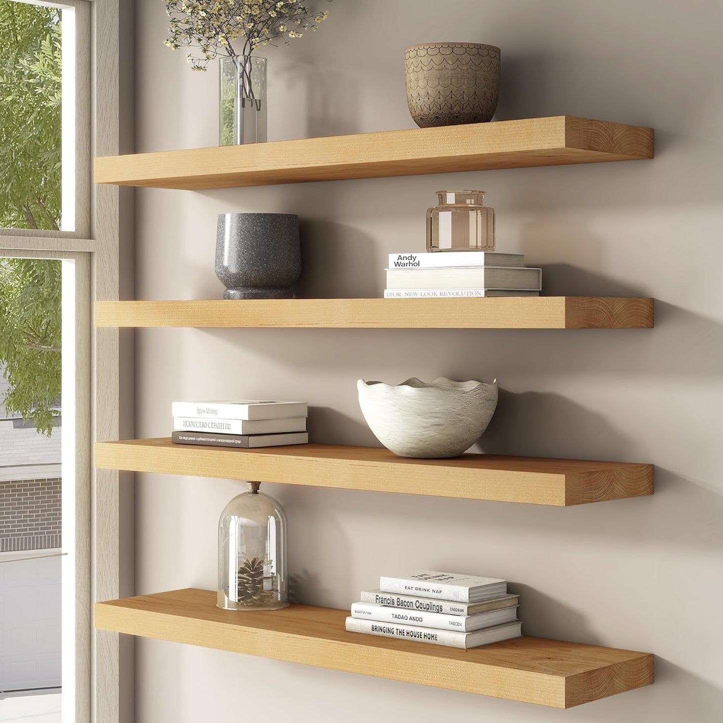 Floating Shelves for Wall, USA-Sourced Brich Wood 48 Inch Long Wall Shelves, Natural Wooden Mounted