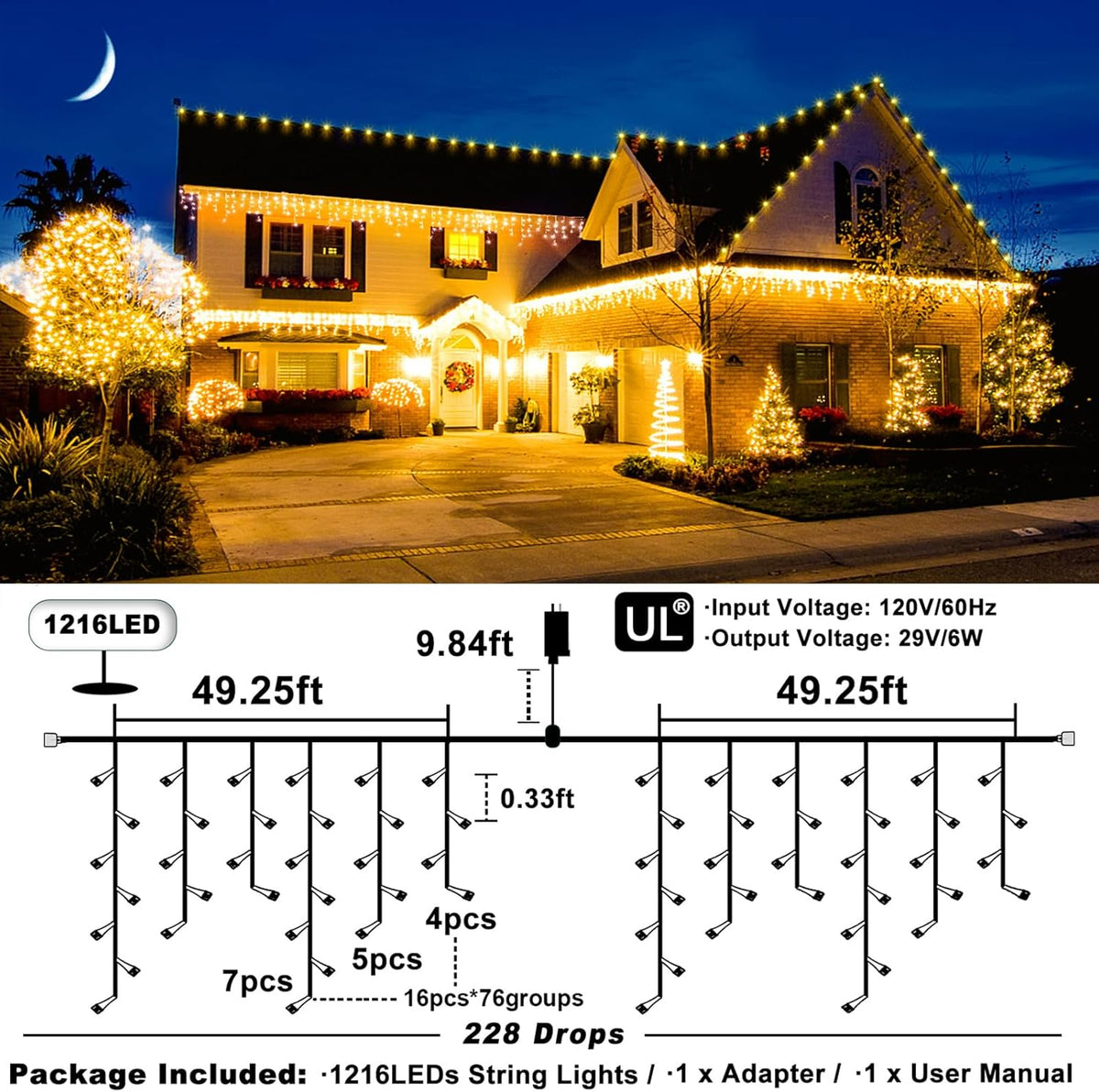 Warm White Christmas Lights Outdoor - 99ft 1216 LED 8 Modes Hanging Dripping Icicle String Lights