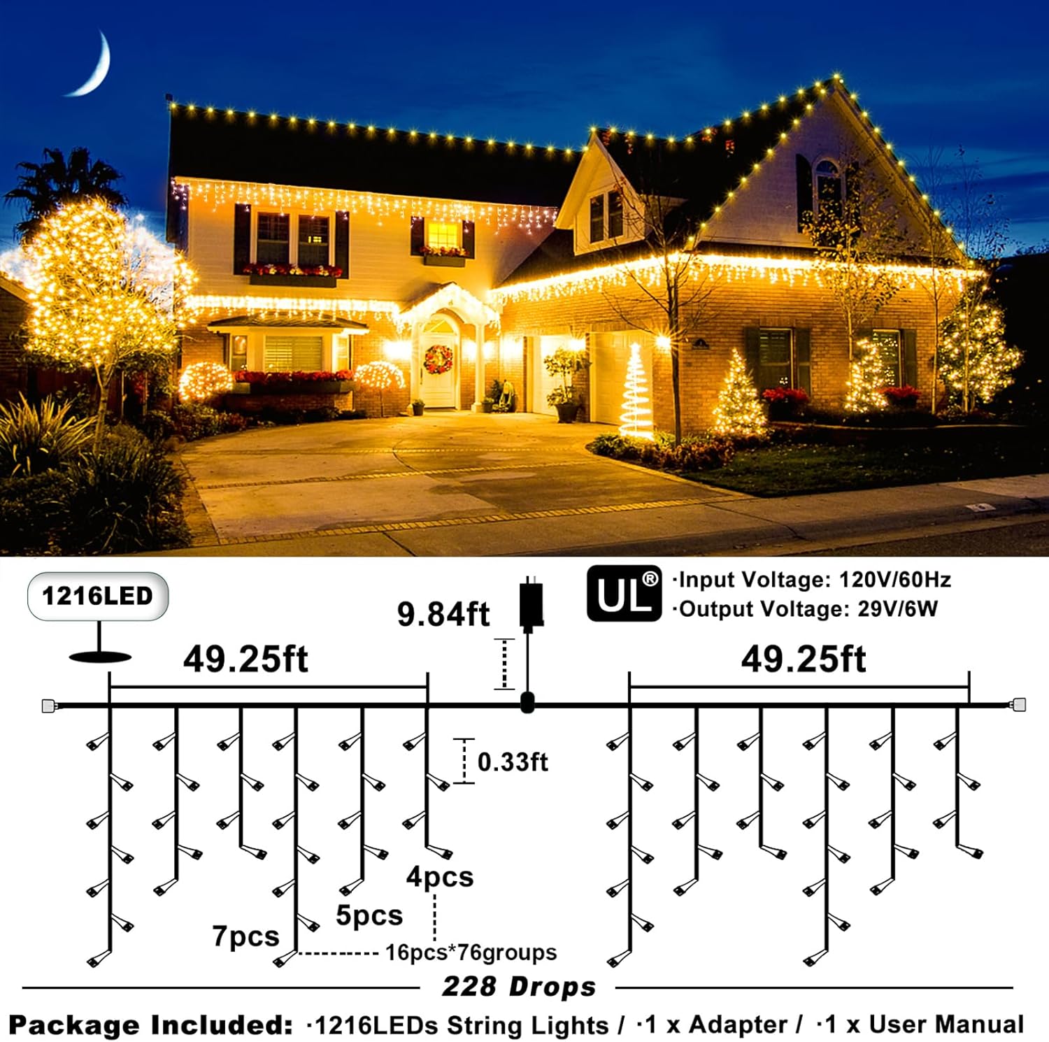 Warm White Christmas Lights Outdoor - 99ft 1216 LED 8 Modes Hanging Dripping Icicle String Lights