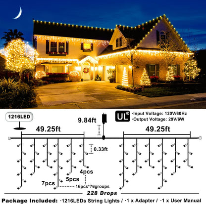 Warm White Christmas Lights Outdoor - 99ft 1216 LED 8 Modes Hanging Dripping Icicle String Lights
