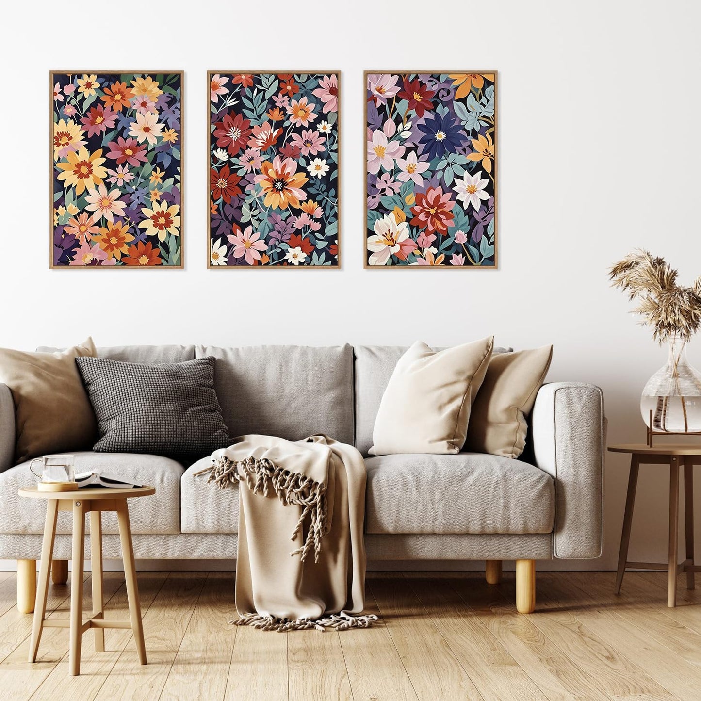 HLNIUC Boho Floral Framed Canvas Wall Art,Colorful Wildflower Landscape Wall Decor Set of