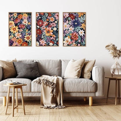 HLNIUC Boho Floral Framed Canvas Wall Art,Colorful Wildflower Landscape Wall Decor Set of