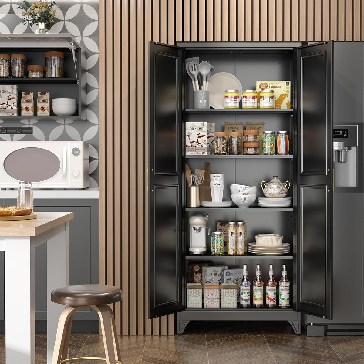 Kitchen Pantry Cabinet,75”Black Metal Storage Cabinets with Doors and 4 Adjustable Shelves,Kitchen